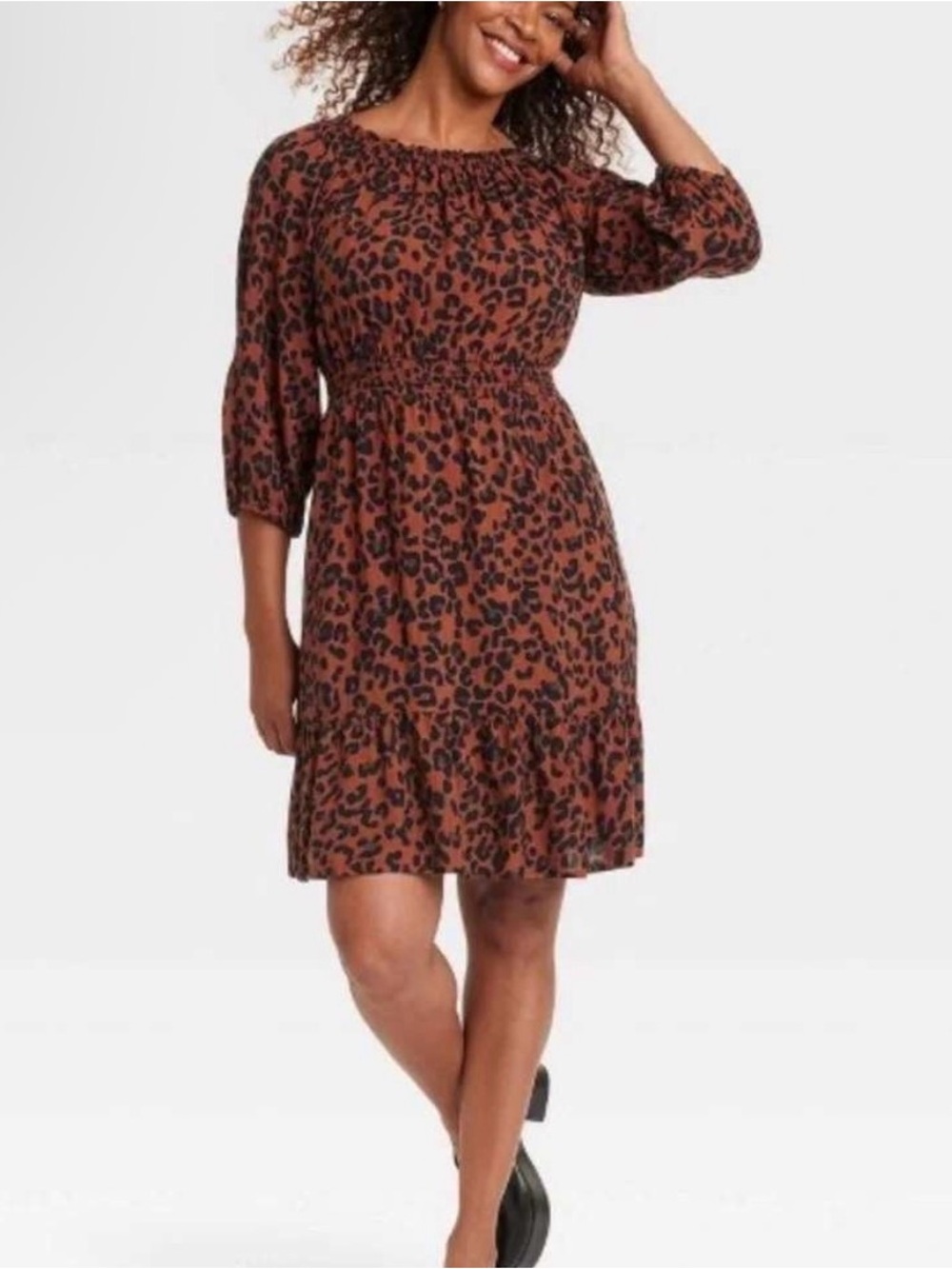 Knox Rose Leopard Print Smocked Midi Dress Medium